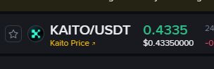 A cropped cryptocurrency chart shows "KAITO/USDT" with a ratio of "0.435" and "Kaito Price" at "$0.4350000" displayed on a dark background. The image relates to the post's humorous apology for causing the KAITO token's price to drop.