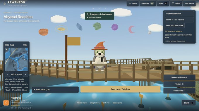 A screenshot from the game Pawtheon showing a teddy bear wizard character in a red hat on a wooden bridge at the 'Abyssal Reaches' location.