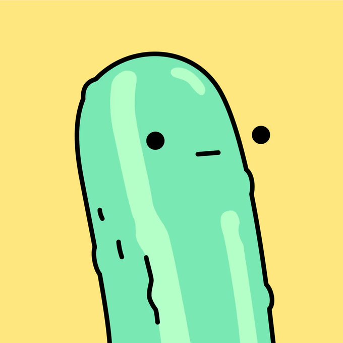 A cartoon illustration of a green, pickle-like character with a simple face looking to the side against a yellow background.