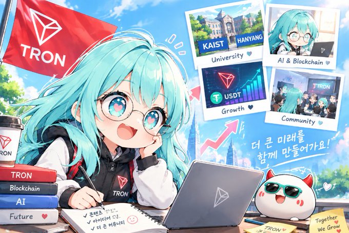 An anime-style illustration features a turquoise-haired girl with glasses at a desk, surrounded by 'TRON' branding, polaroids labeled 'KAIST HANYANG University', 'AI & Blockchain', 'USDT Growth', and 'TRON Community', along with Korean text '더 큰 미래를 함께 만들어가요!'.