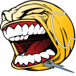 An illustration of a yellow cartoon dog biting down on a gray bar.