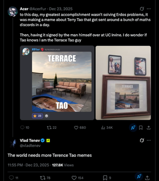 A X (Twitter) post by AcerFur (@AcerFur) shared on Dec 23, 2025 jokes about mathematician Terence Tao, attaching a fake advertisement for "Terrace Tao" featuring his portrait and a stylish rooftop. Vlad Tenev (@vladtenev) quote-replied with "The world needs more Terence Tao memes," sparking an exchange about pairing the meme with TAO tokens.