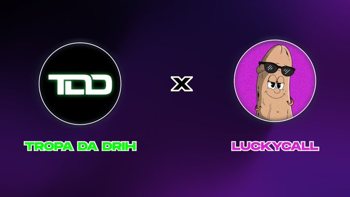 A promotional graphic for a collaboration between 'TROPA DA BRIH' (TDD logo) and 'LUCKYCALL' (featuring a potato character with sunglasses).