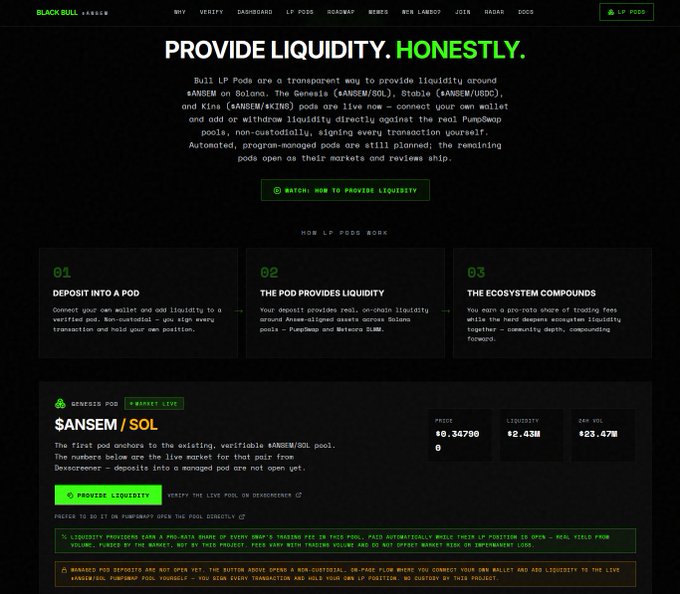 A website screenshot for Black Bull LP Pools showing a 'Provide Liquidity. Honestly.' section explaining how $ANSEM/SOL pods work on the Bol.com (Genesis) pool with current price $0.34750 and $2.43M liquidity.