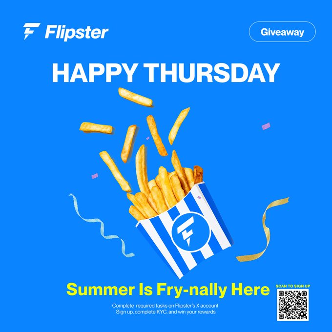 A promotional "Happy Thursday" giveaway image from Flipster, featuring fries spilling out of a striped Flipster-branded box against a blue background, with the tagline "Summer Is Fry-nally Here," promoting a 5 USDT reward for users who sign up and complete KYC via the QR code shown.