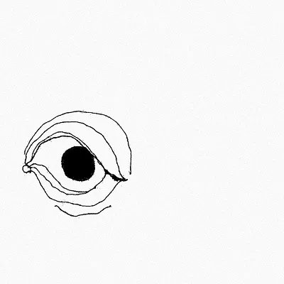 Minimalist black ink sketch of a single stylized eye with a large black pupil on a white background.