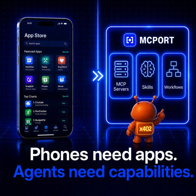 Marketing graphic comparing an iPhone App Store to MCPORT, which offers MCP Servers, Skills, and Workflows for AI agents, accompanied by an orange robot mascot and the text 'Phones need apps. Agents need capabilities.'