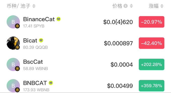 A cryptocurrency list showing meme tokens including BinanceCat (-20.97%), Bicat (-42.40%), BscCat (+202.28%), and BNBCAT (+359.78%), displayed in Chinese with columns for coin/pool, price, and percentage change.