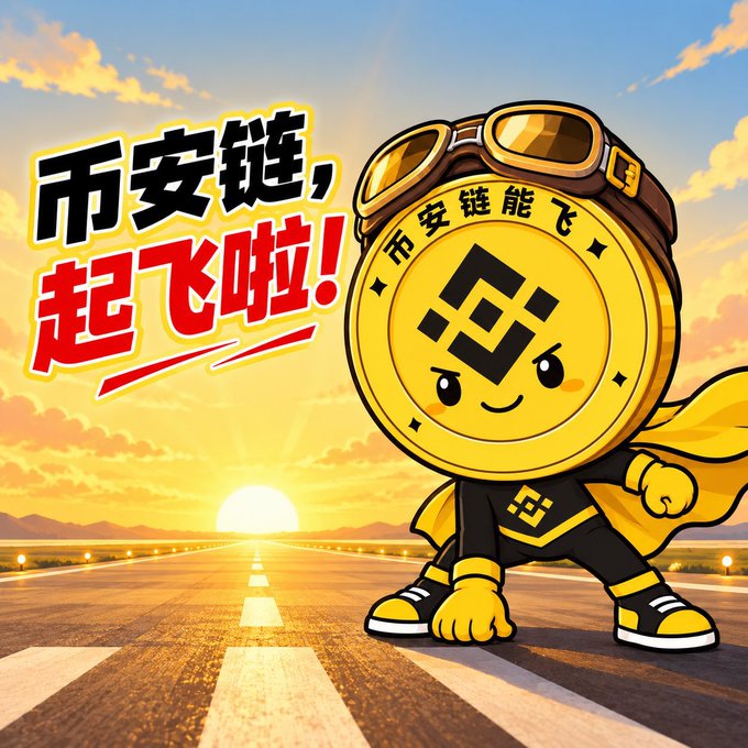 An anime-style cartoon mascot features a gold coin with the Binance (BNB) logo, wearing aviator goggles and a cape, standing on a runway at sunset with Chinese text '币安链, 起飞啦!' beside it.