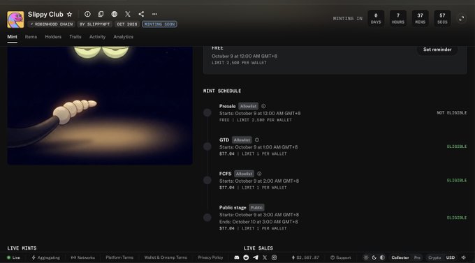 Screenshot of a NFT minting page for 'Slippy Club' on Robinhood Chain, showing a mint schedule with Presale, OTO, FCFS, and Public stages, with 7 days, 37 hours, 57 seconds remaining.