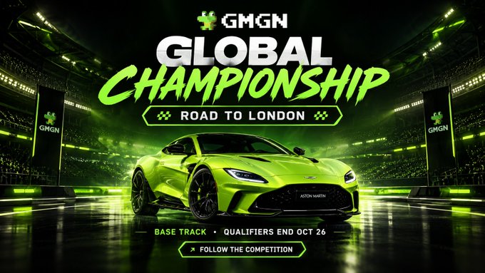 A promotional graphic for GMGN’s “Global Championship — Road to London” shows a lime-green Aston Martin in a neon-lit stadium, with the text “Base Track • Qualifiers End Oct 26” and “Follow the Competition.” It visually frames the @gmgnai trading competition on @base, where participants start with a $2K account and cannot add outside funds.