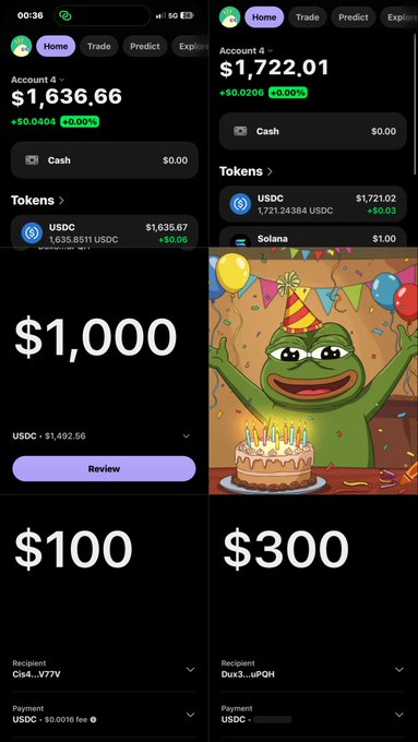 The image shows a mobile crypto trading app displaying account balances of $1,636.66 and $1,722.01 in USDC, alongside quick-buy options for $1,000, $100, and $300. A Pepe frog meme with a birthday cake celebrates the milestone, aligning with the post's reflection of a good but improvable month and the aspiration to close the $100 gap toward $10k.