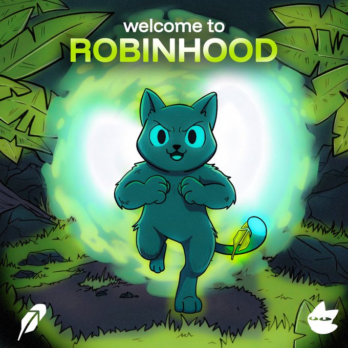 An animated illustration featuring a teal cat-like creature running through a glowing green portal in a jungle setting, with 'welcome to ROBINHOOD' text at the top and Robinhood logo at the bottom left.