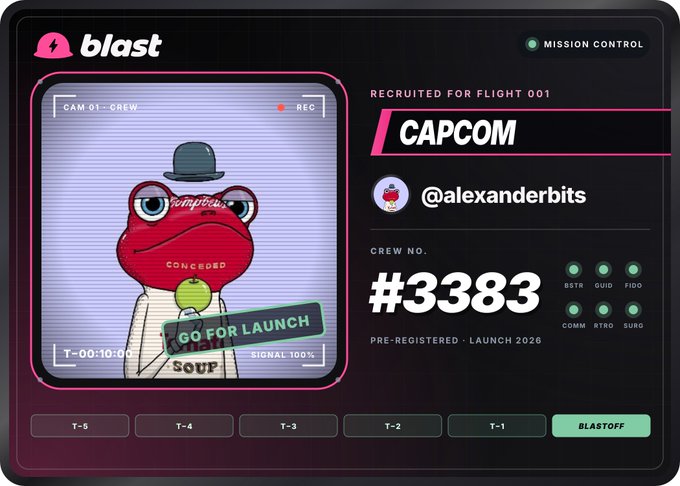 A 'blast' platform mission control screen showing a frog character labeled 'CAPCOM @alexanderbits' with crew number #3383, pre-registered for launch 2026.