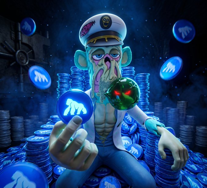 A stylized Mutant Ape Yacht Club character with a melting face, captain's hat, and glowing red-eyed orb sits atop towering piles of blue ApeCoin chips, with one chip held up displaying the iconic Ape logo — visually reinforcing the post's celebration of $APE on "Mutant Monday."