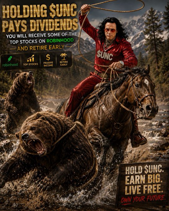 A satirical financial advertisement showing a man in a red 'SUNC' jumpsuit riding a horse while being chased by grizzly bears, with bold text reading 'HOLDING $UNC PAYS DIVIDENDS', 'HOLD $UNC. EARN BIG. LIVE FREE.', and 'OWN YOUR FUTURE.'