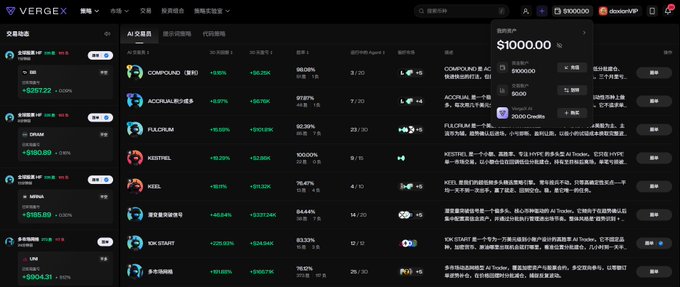 The image shows the VERGEX AI quantitative trading platform dashboard, featuring a leaderboard of AI traders including COMPOUND, ACCUMULATE, FULLDRUM, KESTREL, FUEL, CK.START, and others, with one trader's profile (KESTREL) displayed showing a $10,000 portfolio and detailed description. The screenshot directly supports the user's mention of exploring the @vergex_ai platform and evaluating the AI traders' performance metrics, which they plan to test personally.