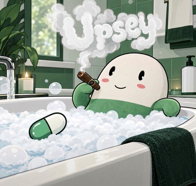 A cartoon illustration of a green and white round character relaxing in a bubble bath while smoking a cigar, with the word 'Upsey' formed by the smoke clouds.