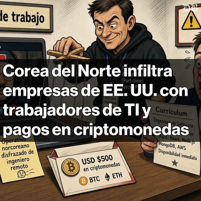 A cartoon-style illustration about North Korean IT workers infiltrating US companies, with Spanish text 'Corea del Norte infiltra empresas de EE. UU. con trabajadores de TI y pagos en criptomonedas' and details of $500 in BTC and ETH.