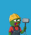A small pixel art image of a zombie-like character with a yellow hard hat and red shirt holding a gray hammer against a blue background.