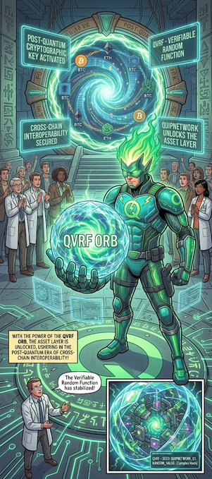 A comic book panel featuring a green-suited superhero holding a glowing orb labeled 'QVRF ORB', with text boxes indicating 'POST-QUANTUM CRYPTOGRAPHIC KEY ACTIVATED' and 'QVRF-VERIFIABLE RANDOM FUNCTION', while scientists observe.
