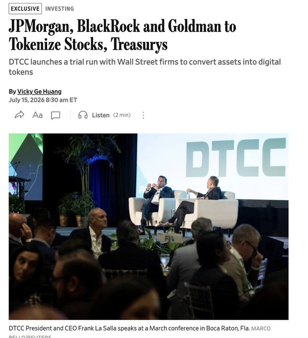 A Bloomberg news article headlined "JPMorgan, BlackRock and Goldman to Tokenize Stocks, Treasurys," reporting that DTCC is launching a trial with major Wall Street firms to convert assets into digital tokens, accompanied by a photograph of DTCC President and CEO Frank La Salla speaking at a conference in Boca Raton, Florida.