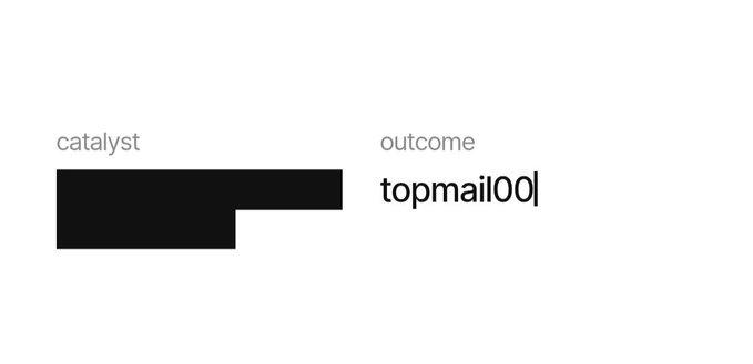 A graphic displays the word 'catalyst' above a black bar and 'outcome' above the text 'topmaiI0O|'.