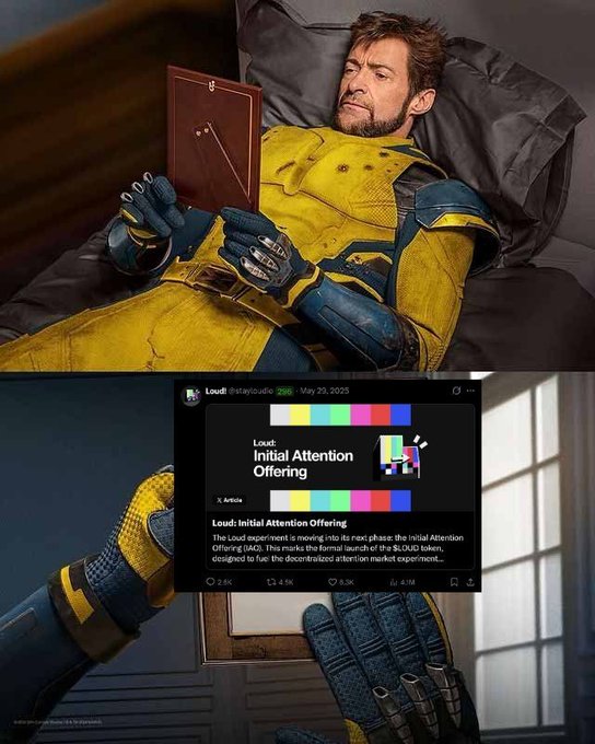 A meme featuring Hugh Jackman as Wolverine in a yellow and blue suit holding a picture frame, paired with a tweet from @stayloudbc explaining the term 'IAO' as 'Initial Attention Offering'.