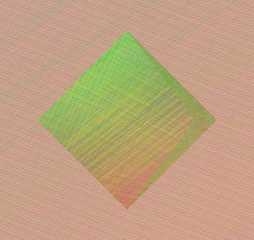 An abstract artwork featuring a green diamond shape with yellow and pink tones created using a crosshatch line technique on a pale pink textured background.
