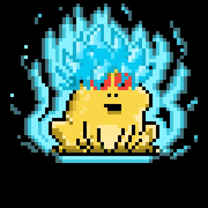 A pixel art illustration of a chubby yellow chick with a small orange crest, engulfed in bright blue flames, against a black background. The fiery chick symbolizes a "sold out" NFT collection reveal, tying into the accompanying message about the launch being live on OpenSea.
