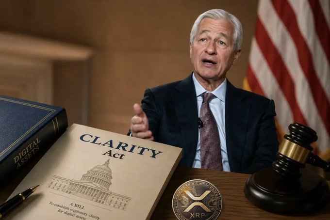Jamie Dimon speaks near a book titled "Digital Assets," a "CLARITY Act" bill, and an XRP coin, suggesting a discussion on cryptocurrency regulation in front of the Capitol building and an American flag. This visually represents the news about the Clarity Act's approval chances, influenced by JPMorgan's stance, and the upcoming Senate votes on crypto regulation.