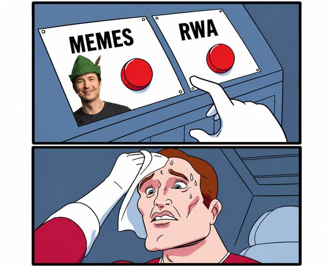 The image is a two-panel "button choice" meme where a finger hesitates between pressing a "MEMES" button (featuring a person in a Robin Hood-style hat) and an "RWA" (Real World Assets) button. The second panel shows a sweating, anxious man wiping his brow, illustrating the stress of choosing between meme coins and serious investments.

The post suggests choosing the meme coin path with $VLAD, as the meme format perfectly captures the dilemma of going for speculative fun (memes) versus practical utility (RWA)—and the poster is advocating for the riskier, hopium-fueled meme side.