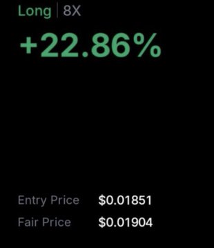A screenshot of a long position trading interface showing a profitable trade with a +22.86% gain at 8X leverage, with an entry price of $0.01851 and fair price of $0.01904. The image illustrates the poster's example of a leveraged long trade that profited despite overall market downturns, supporting their claim of capitalizing on specific trading situations.