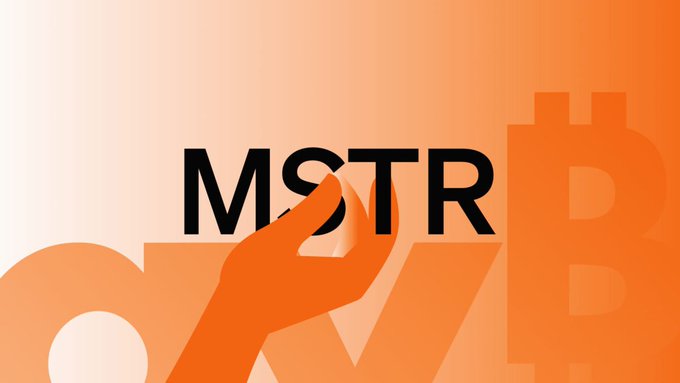 The image features the ticker "MSTR" in bold black text overlaid on an orange background with faded "BTC" lettering and a Bitcoin "₿" symbol, visually tying MicroStrategy's pause on Bitcoin purchases to the post's announcement that the company raised $1.15B but bought zero BTC, instead boosting cash reserves to $2.55B.