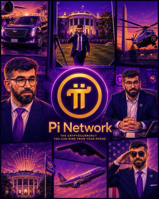 A collage featuring a bearded man in suits surrounded by imagery of luxury cars, helicopters, jets, the White House, and the Washington Monument—all branded with the Pi Network logo, with the central text reading "Pi Network: THE CRYPTOCURRENCY YOU CAN MINE FROM YOUR PHONE." The image visually reinforces the post's message of Pi Network's ambition for global influence and accessible decentralized finance, juxtaposing themes of power and prestige with the idea that anyone can mine the currency from their phone.