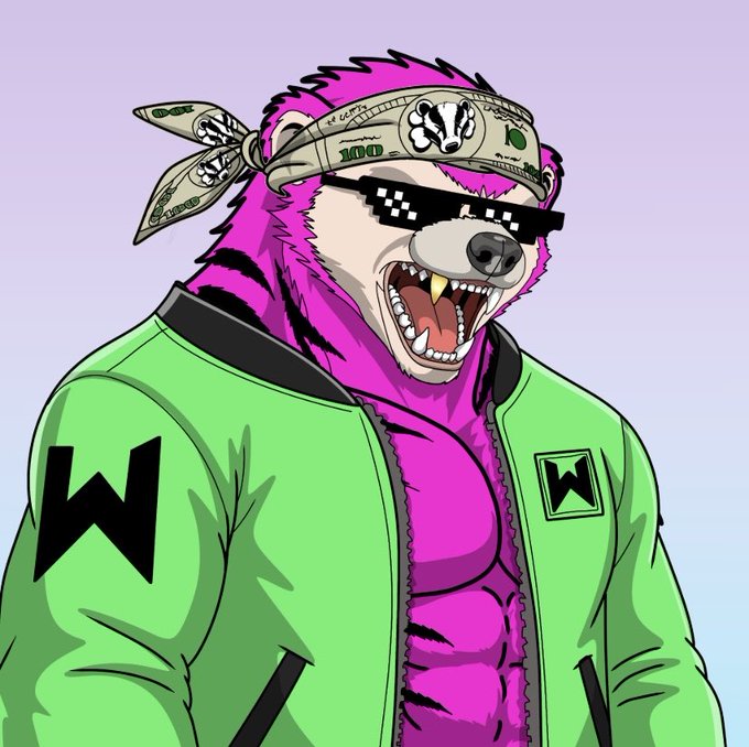 An illustration of a pink, bear-like creature wearing pixelated sunglasses, a green jacket with a 'W' logo, and a bandana covered in dollar bills.