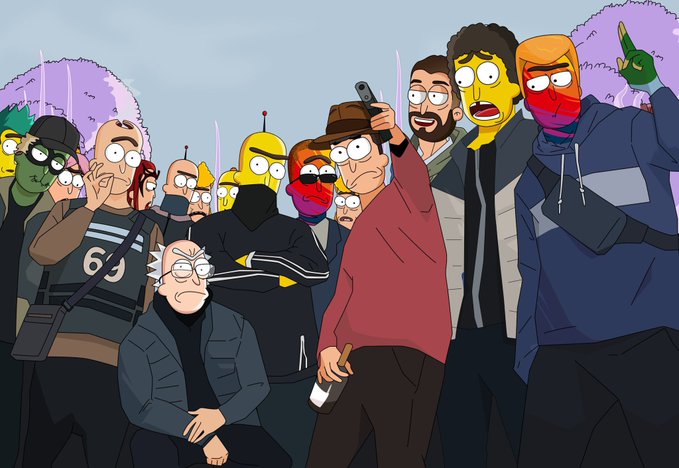 A cartoon/illustration showing a crowd of various stylized characters, including Simpsons-style yellow figures, a man in a red hoodie taking a selfie, and an elderly man in the foreground.