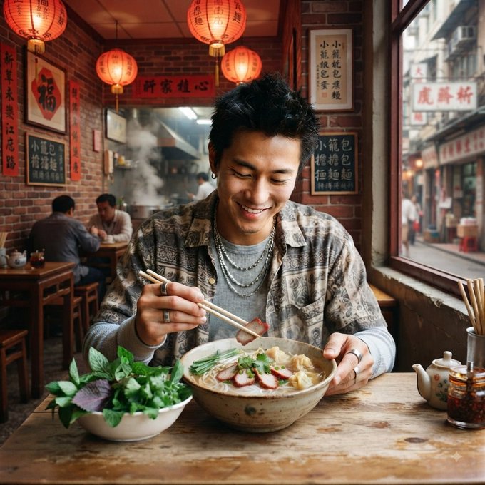 A man smiling while eating a bowl of noodle soup with chopsticks at a restaurant decorated with red lanterns and Asian signage.