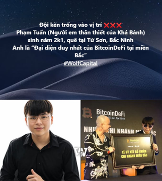 An image with Vietnamese text promoting BitcoinDeFi and Wolf Capital, featuring photos of two men, one of whom is holding a certificate.