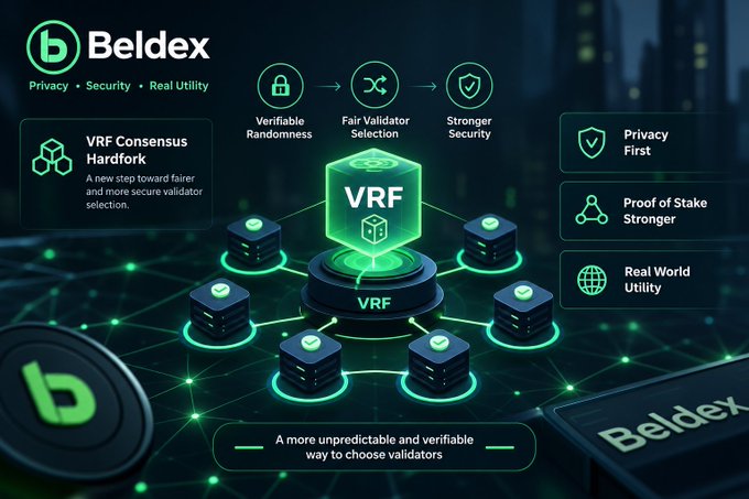 A promotional graphic for Beldex's VRF Consensus Hardfork, highlighting features like Verifiable Randomness, Fair Validator Selection, Stronger Security, Proof of Stake, and Real World Utility, with a central VRF diagram connecting to validator nodes.