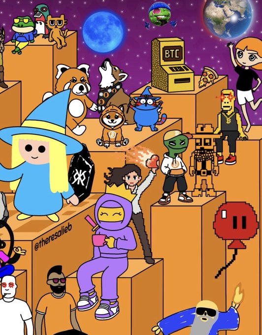 A colorful cartoon illustration featuring various crypto and NFT characters, including a figure in a wizard hat and another in a ninja outfit, with a 'BTC' ATM and the text '@theresollieb' visible.
