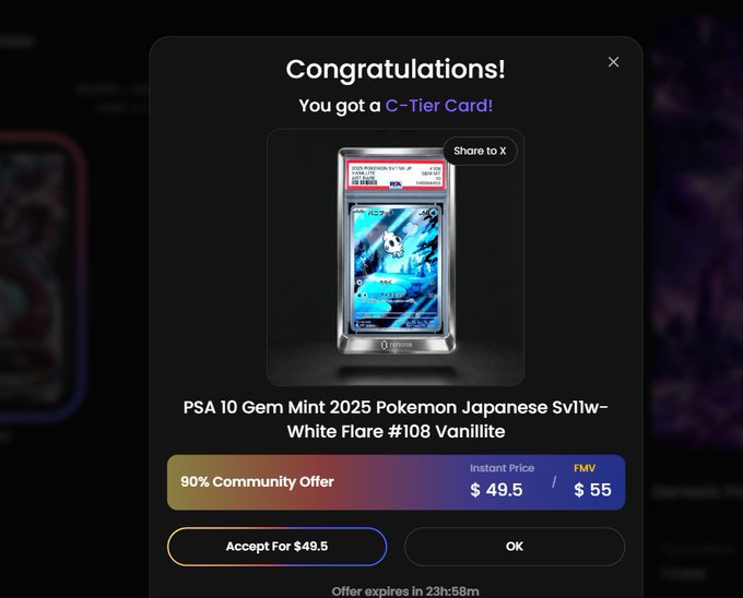 A digital card-collecting app screen showing 'Congratulations! You got a C-Tier Card!' — a PSA 10 Gem Mint 2025 Pokemon Japanese Svi1w– White Flare #108 Vanillite, with a 90% community offer of $49.5 (FMV $55).