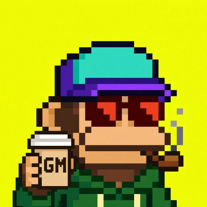 A pixel art character wearing a teal and purple cap with red sunglasses holds a coffee cup labeled "GM" against a yellow background, visually reinforcing the "GM Everyone" greeting while also subtly nodding to the cryptocurrency slang "GM" (Good Morning).