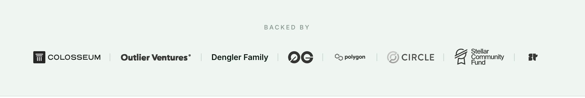 A 'Backed By' credit screen listing investors: Colosseum, Outlier Ventures, Dengler Family, 0G, Polygon, Circle, Stellar Community Fund, and a final unrecognizable logo.