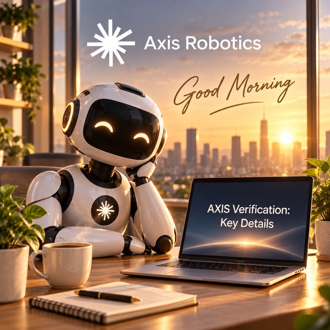 A promotional image featuring the Axis Robotics logo and 'Good Morning' script text, showing a small white humanoid robot with glowing eyes beside a laptop displaying 'AXIS Verification: Key Details' against a sunset cityscape.
