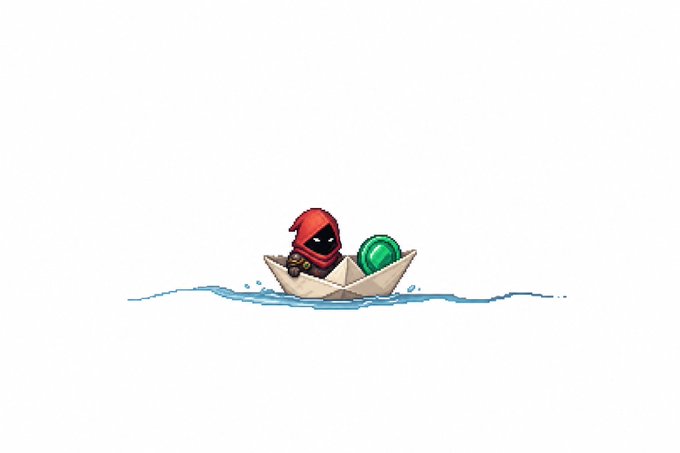 A pixel art character wearing a red hood sits in a small paper boat on water, holding a glowing green gem. The cozy scene illustrates the "gm comfy holding in spot" message, depicting a relaxed crypto holder patiently keeping their position rather than selling.