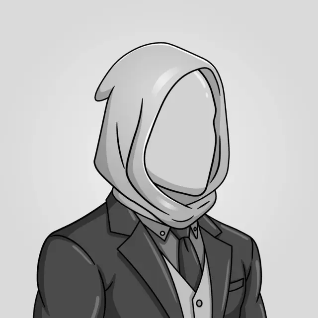 An illustrated cartoon character wearing a formal black suit with the hood or scarf pulled up over their face, obscuring their features.