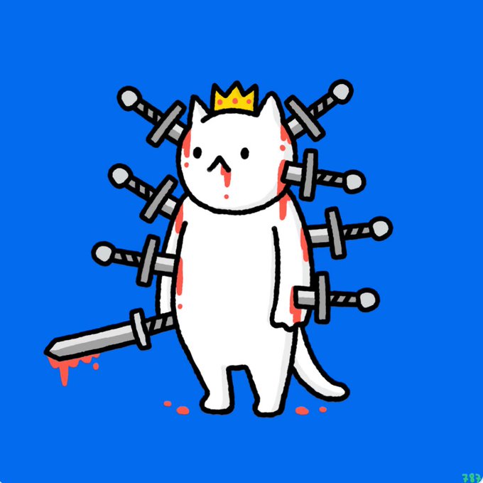 A cartoon illustration of a white cat wearing a small yellow crown, pierced by multiple swords through its body with blood dripping, set against a bright blue background.