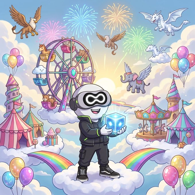 A whimsical cartoon illustration featuring a smiling robot character holding a glowing blue cube, surrounded by a fantasy amusement park with a Ferris wheel, carousel, flying mythical creatures, fireworks, and rainbows in the clouds.