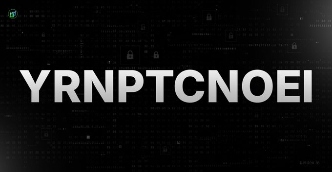 The image displays the scrambled word "YRNPTCNOEI" in bold white text against a dark, lock-patterned background, prompting viewers to unscramble the letters to form the correct word (likely "ENCRYPTION," as suggested by the security-themed imagery).
